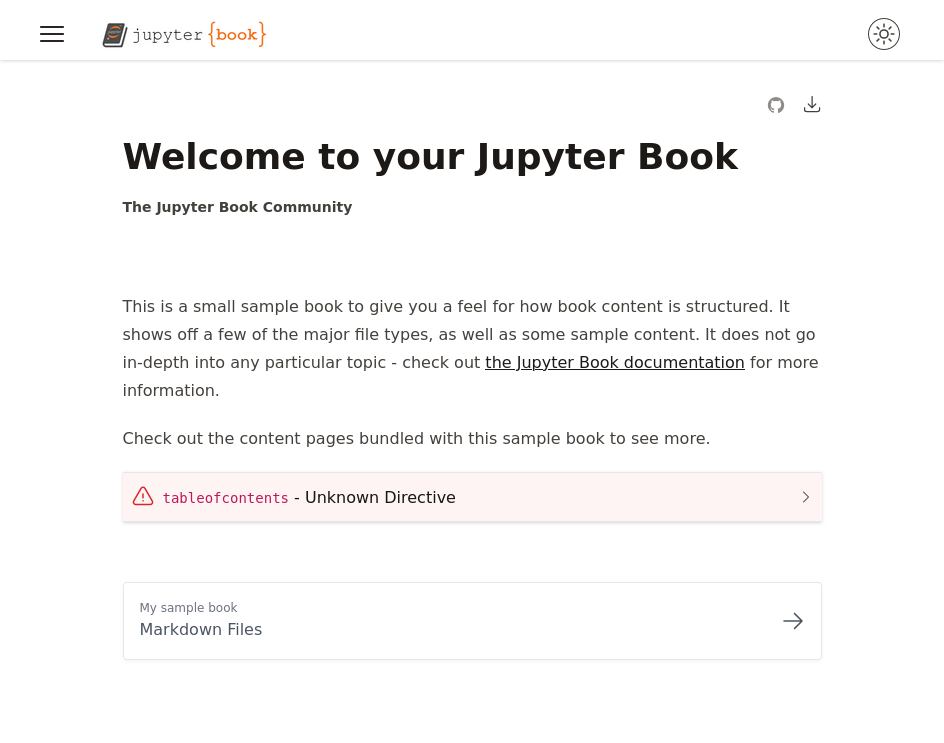 Browser screenshot of the URL generated by jupyter book start.