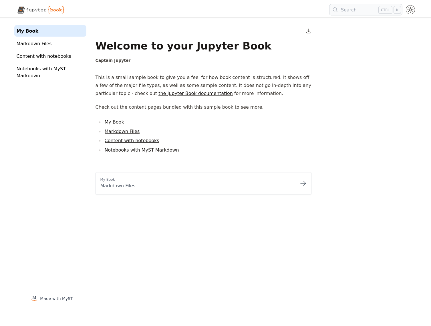 Browser screenshot of the URL generated by jupyter book start.